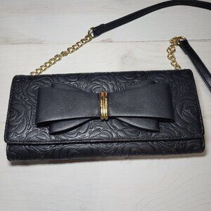 Betsey Johnson Crossbody Purse Clutch Faux Leather Bow Rose Embossed.